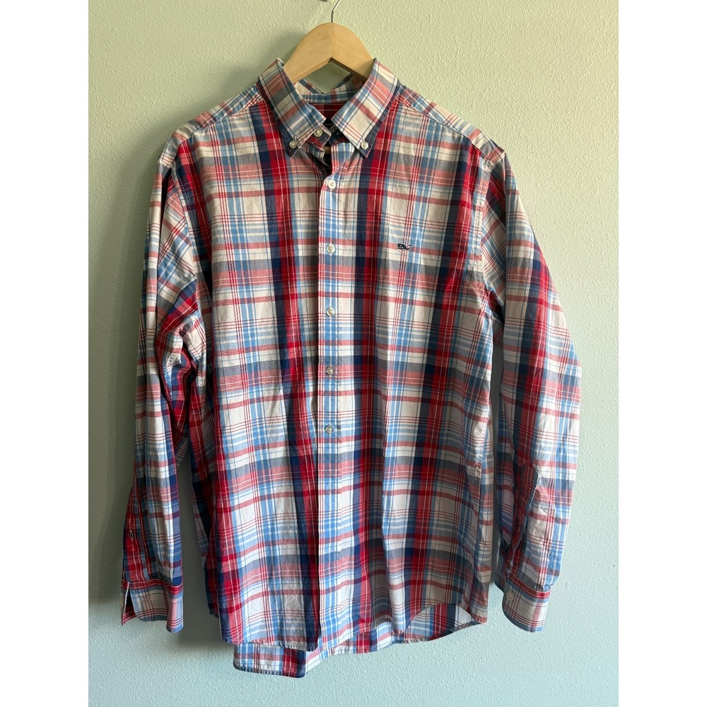 Vineyard Vines Slim Fit Whale Shirt Red Blue Gingham Plaid Mens Large Preppy